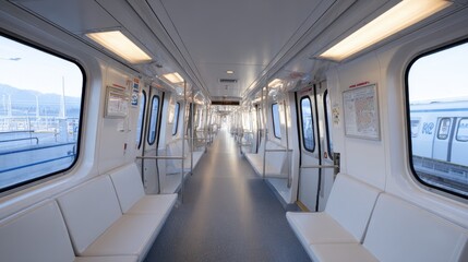 Interior Of An Empty Modern Subway Train With White Seats And Bright Lighting. Urban Transportation And Commuting