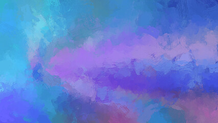 Abstract bright and vibrant light blue, blue, pink and purple oil painting background with brush...