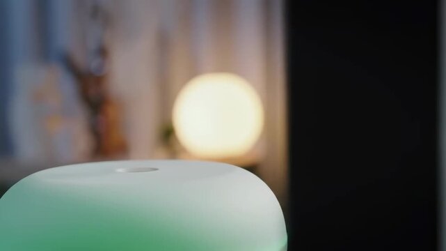 Essential oil diffuser with soft green ambient light creating a tranquil atmosphere for aromatherapy and wellness at home