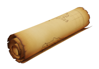 Ancient scroll featuring a detailed map of uncharted territories, rolled up on a wooden table