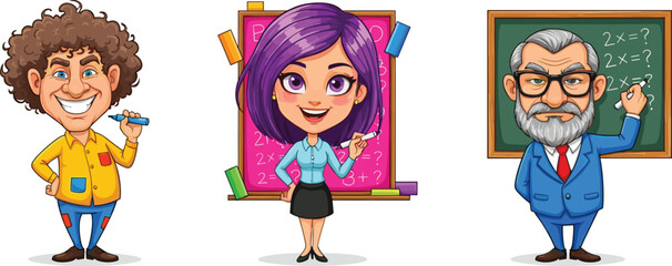 Cartoon teachers in classroom, diverse educators, chalkboard teaching, math lesson, school education, learning concept, academic illustration, colorful characters, teaching