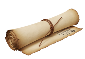 Ancient scroll with tied leather cord, resting on a textured surface, suggesting historical significance