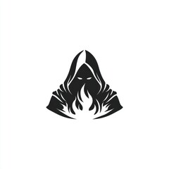 Silhouette of hooded figure with burning flames on white background
