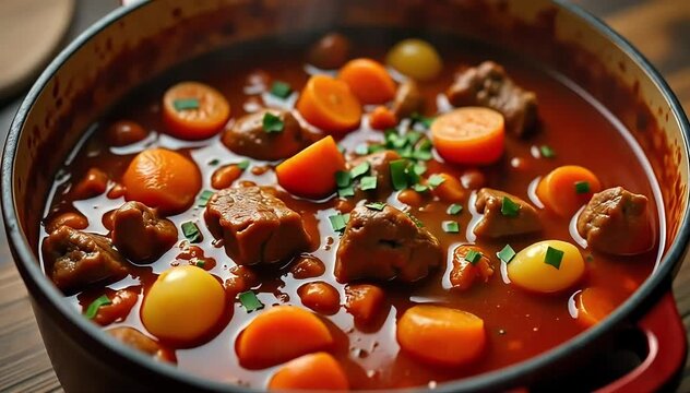 Hearty Hungarian goulash stew simmering with beef chunks, paprika, potatoes, and carrots in pot 