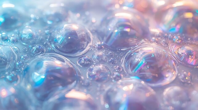 Close-up macro photograph of iridescent soap bubbles shimmering with pastel colors and reflecting light.