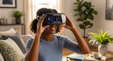 Woman Experiencing Virtual Reality Headset Technology.
