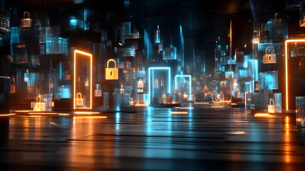 Futuristic Digital Technology Environment with Security Lock Symbols