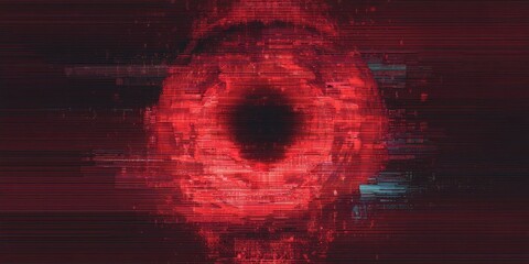 Glitch art: abstract red distorted eye with digital noise effect