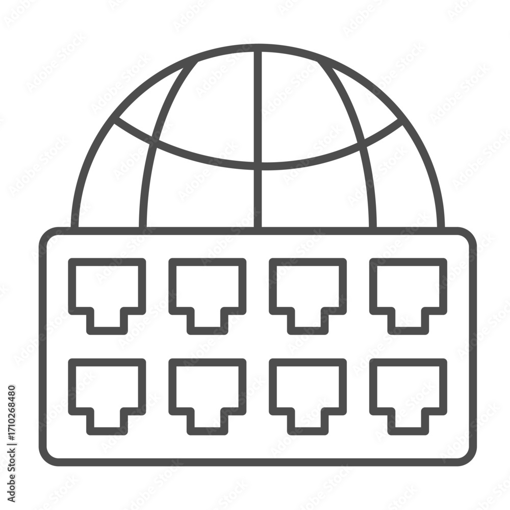 Poster world globe and network switch thin line icon, info tech concept. vector graphics. router data ports