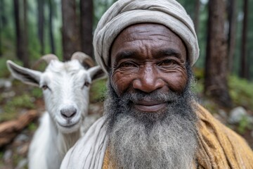 Elderly african male with white goat in forest setting, wearing turban and smiling