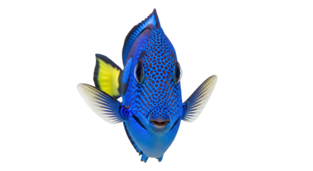 Isolated regal blue tang fish swimming towards camera, beautiful ocean saltwater aquarium animal