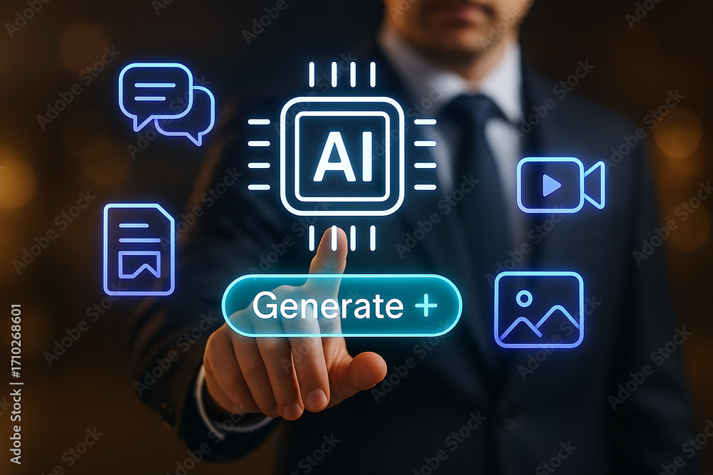 Poster a businessperson uses artificial intelligence for generating a variety of digital content, from text