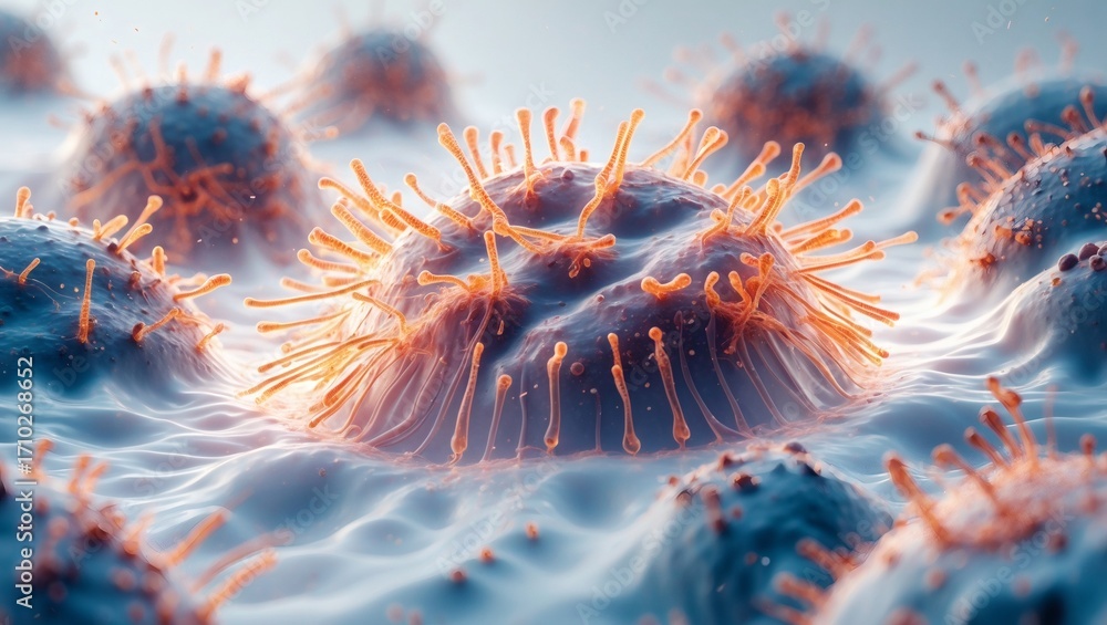 Poster microscopic close-up view of several cells. the scene is a close-up, showing the fine detail and com