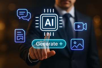 A businessperson uses artificial intelligence for generating a variety of digital content, from text and images to documents and videos