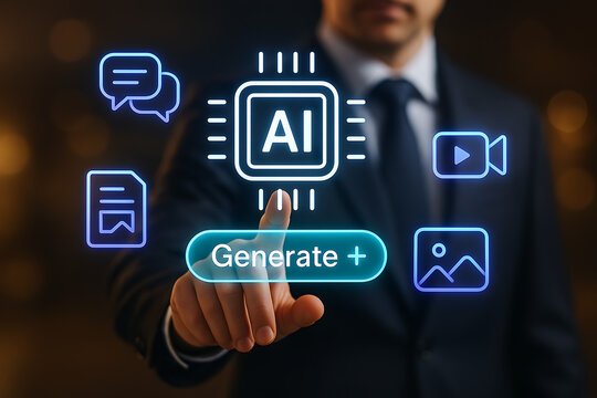 A businessperson uses artificial intelligence for generating a variety of digital content, from text and images to documents and videos