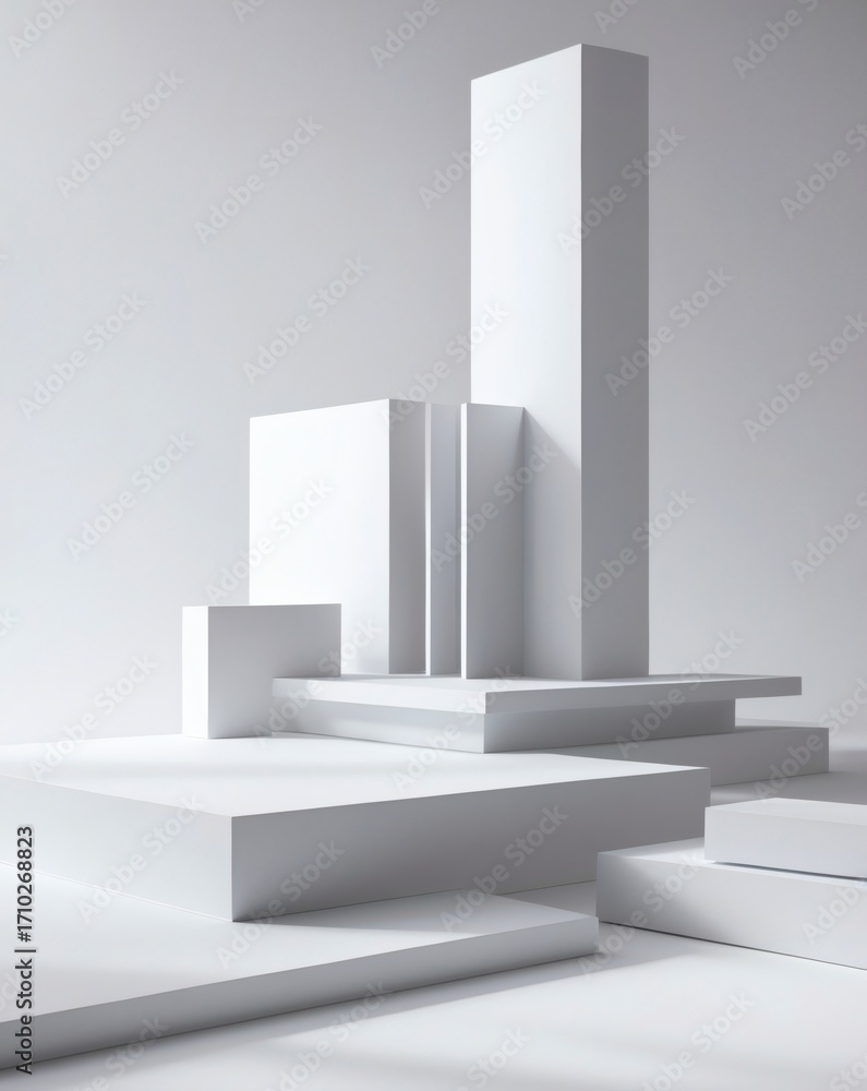 Poster an abstract 3d rendering of geometric shapes and forms, all in pristine white, creates a minimalist 