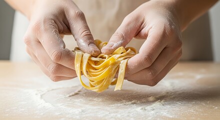 Chef preparing fresh pasta, hands kneading dough, culinary art, Italian food, kitchen scene.