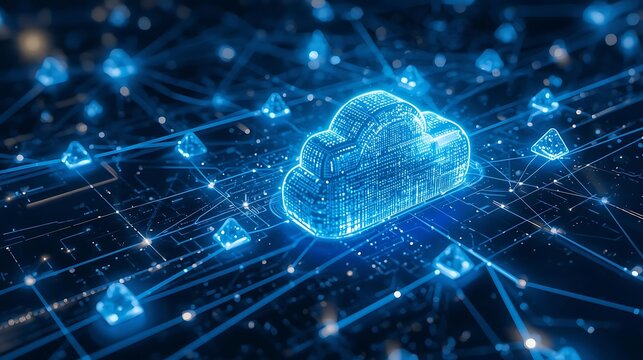 Abstract digital representation of cloud computing infrastructure with glowing blue nodes and connecting lines on a dark background.