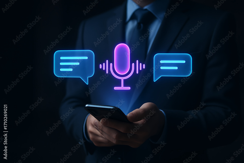 Poster voice assistant and speech recognition concept with a microphone icon in between speech bubbles, a m