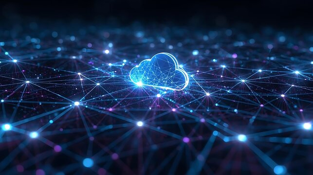 A glowing blue cloud icon is at the center of a digital network of interconnected nodes and lines, representing cloud computing and data connectivity.