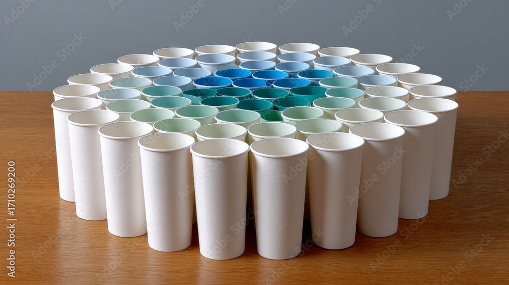Poster a table full of white paper cups arranged in a circle. the cups are of different sizes and colors, c