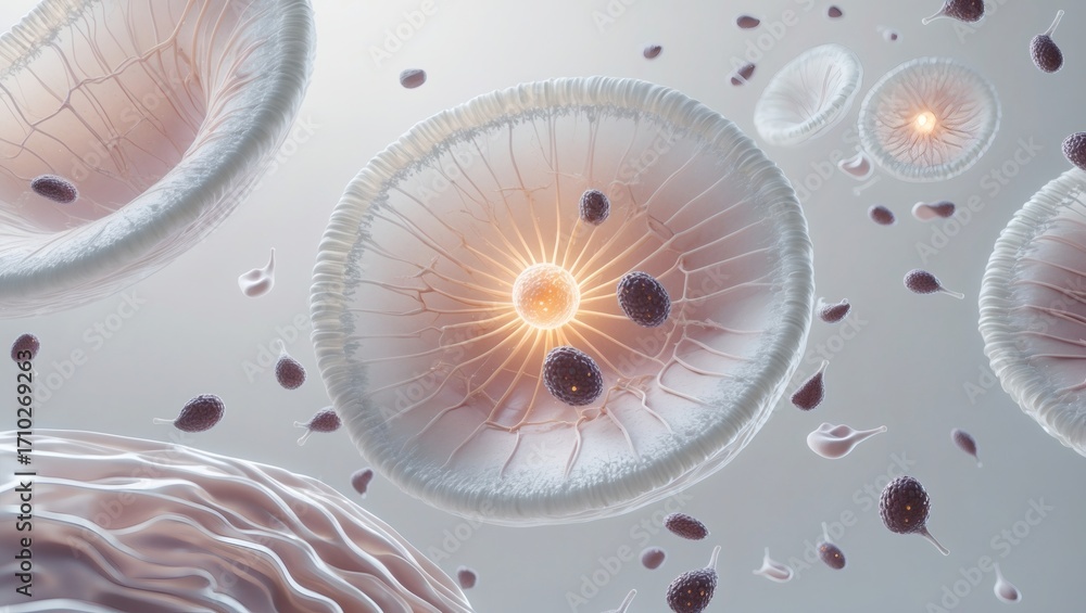 Aufkleber a mesmerizing view of cells, each with a glowing nucleus, float amidst smaller particles, embodying 