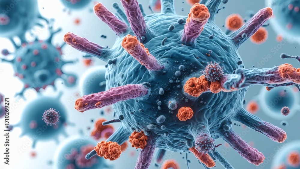 Poster an up-close view of a menacing virus, showcasing its intricate details. the image evokes a sense of 