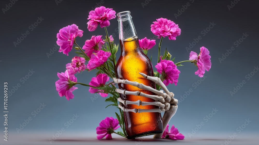Poster a bottle of beer is being held by a skeleton and surrounded by flowers. the image has a whimsical an