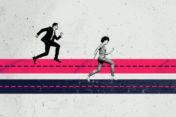 Creative poster banner 3d collage photo of two happy business partners man girl run road development career promotion competition