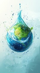 World Water Day, symbolic water droplet shaped planet Earth, clear water flowing, global environmental protection, bluegreen hues, conservation message, digital concept art