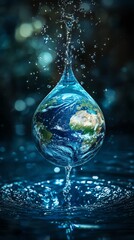 World Water Day, symbolic water droplet shaped planet Earth, clear water flowing, global environmental protection, bluegreen hues, conservation message, digital concept art