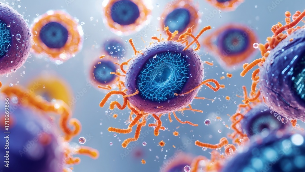 Poster cells microscopic view showcasing biological structures and their vibrant colors and complex forms
