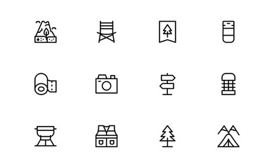 Wilderness line icon set featuring editable, pixel-perfect designs in a simple, clean, and professional style. Ideal for outdoor, survival, and nature-related visuals.