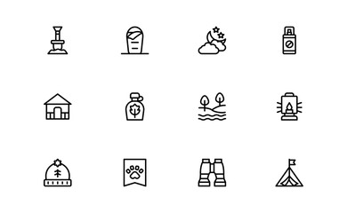 Wilderness line icon set featuring editable, pixel-perfect designs in a simple, clean, and professional style. Ideal for outdoor, survival, and nature-related visuals.