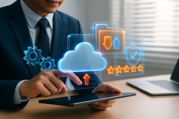 it professional using a tablet, demonstrating cloud services and data protection, a cloud icon is surrounded by other icons like a shield, folders and stars