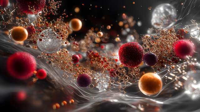 Abstract Molecular Background with Colorful Particles and Structures - Powered by Adobe