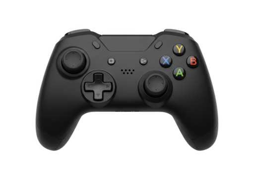 Black gaming controller on a white background, showcasing buttons and ergonomic design for gaming