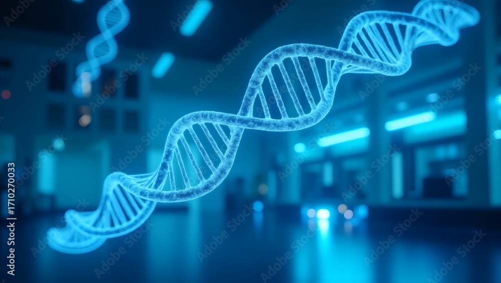 Poster a stylized, glowing dna strand in a laboratory setting. the image showcases the helix structure, ref