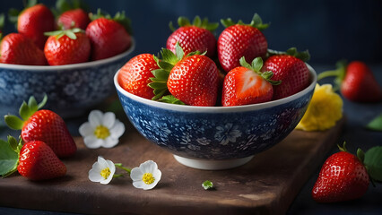 Fresh and bright red strawberries are on the same scale. They look delicious, and the fresh leaves add juiciness to the berries.