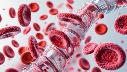 Fototapeta premium close-up view of red blood cells flowing through a vein, showcasing their shape and function. The image highlights the circulatory system and its intricate design