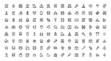 Obraz premium Wilderness line icon set featuring editable, pixel-perfect designs in a simple, clean, and professional style. Ideal for outdoor, survival, and nature-related visuals.