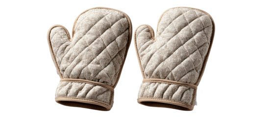 Neutral Fabric Quilted Oven Mitt Pair Isolated on Black