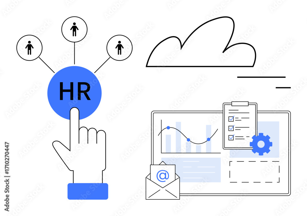 Poster hr processes illustrated with user selection, analytics, communication tools, cloud storage, and tas