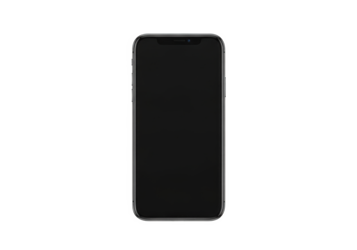 Black smartphone with a blank screen positioned centrally on a plain white background for product display