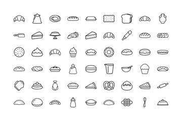 Bakery and Pastry Line Art Icon Vector Collection | Outline Style Bread, Cakes, Croissants, Donuts, Cupcakes, Cookies and Desserts Perfect for Food Branding, Menus and Graphic Design