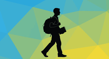 Silhouette of a student with a backpack and book walking against a colorful geometric background.