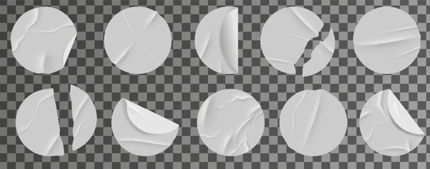 Realistic collection of white paper stickers with folds. Circle duct tape with wrinkles set. Scotch tape, wrinkled paper texture. Vector elements