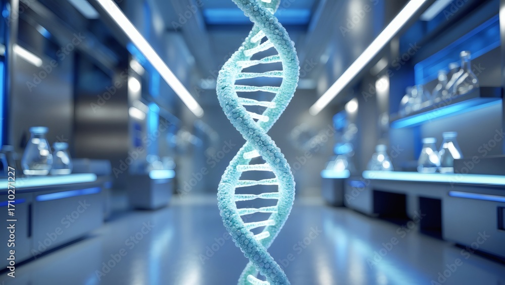 Poster a detailed and illuminated view of a dna strand, representing the building block of life, set in a m
