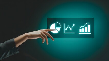 Data Visualization Touch: A close-up view captures a person's hand interacting with an illuminated touch screen displaying various data charts and graphs.