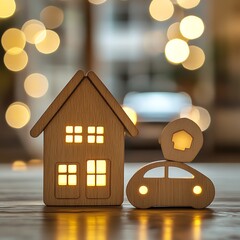 A wooden block family with glowing protective shields around a house and car, symbolizing life and health insurance, minimalistic yet meaningful design, soft warm tones